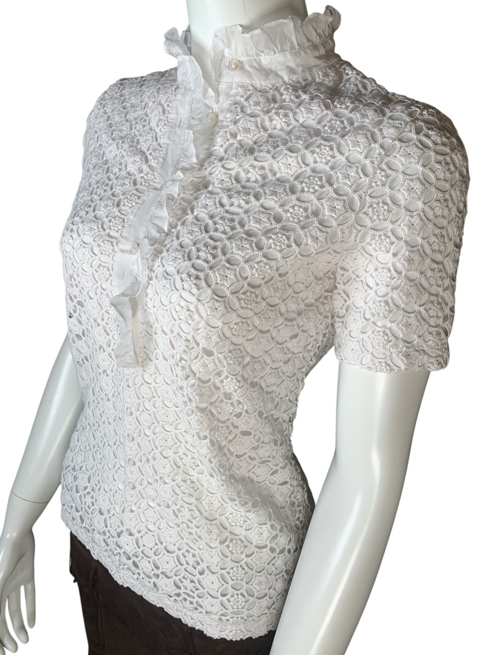 Tory Burch White Cotton Crochet Blouse Ruffle Neck Size XS